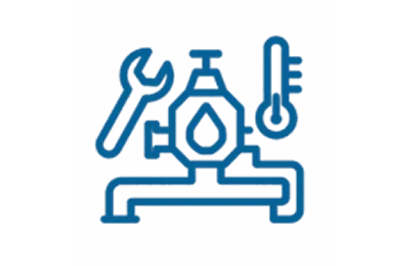Anti-scald valve plumbing icon with wrench and temperature gauge.